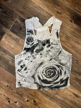 Y2K Vocal USA Newspaper Print Rose Graphic Studded Racerback Tank Top